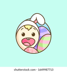 HAPPY EASTER DAY CUTE BOY WEARING RABBIT COSTUME AND PASCHAL EGG AROUND.