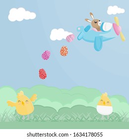 Happy Easter day. Cute bunnies on rocket plane with colorful eggs fall on the ground and small chicks standing on the green grass. Vector illustration greeting card, poster, flyer, web-banner.