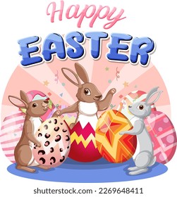 Happy Easter Day with Cute Bunnies and Colourful Eggs illustration