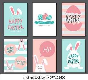 Happy easter day. cute bunny Ears with eggs and text  logo on sweet blue background, can be use for greeting card, text can be added.  layout template in A4 size. vector illustration