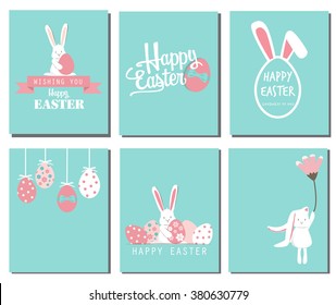 Happy easter day. cute bunny Ears with eggs and text  logo on sweet blue background, can be use for greeting card, text can be added.  vector illustration