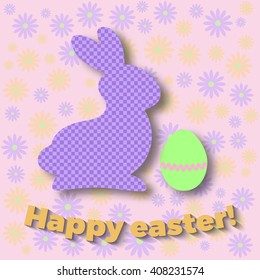 Happy easter day. Cute easter bunny and egg at a floral background. Use for icons, banners, flayers, greeting cards, backgrounds.  Vector illustration