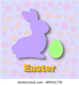 Happy easter day. Cute easter bunny and egg at a floral background. Use for icons, banners, flayers, greeting cards, backgrounds.  Vector illustration