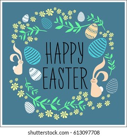 Happy easter day. cute bunny Ears with eggs and text logo on sweet blue background, can be use for greeting card, text can be added. vector illustration