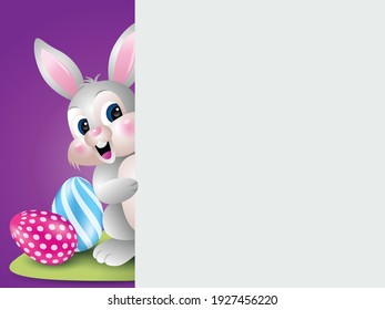 Happy Easter Day. Cute cartoon rabbit with big signboard.