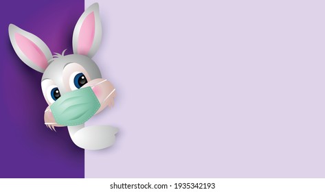 Happy Easter Day. Cute cartoon rabbit wearing face mask with big signboard.