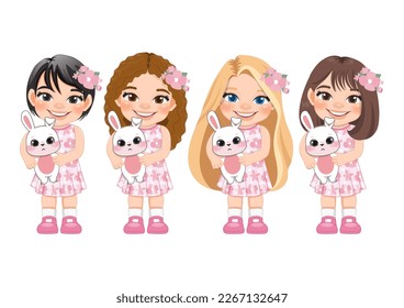 Happy Easter Day with Cute Girls Holding Bunny Cartoon Character