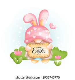 Happy Easter day with cute gnome and Easter eggs. Digital paint, Vector Illustration 