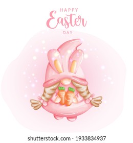Happy Easter day with cute gnome and Easter eggs. Digital paint, Vector Illustration 