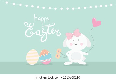 Happy Easter Day with cute rabbit holding heart balloon and painted eggs. Festival, traditional in Spring season. For poster, card, wallpaper, print, website, children, egg hunting. Pastel - Vector