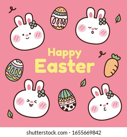 Happy easter day with cute rabbit face cartoon.Animal character design.Isolated.Kawaii.Vector.Illustration.
