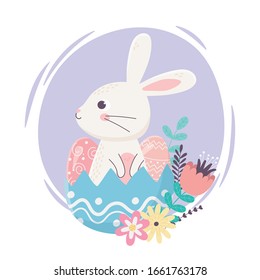 happy easter day, cute rabbit in eggshell eggs flowers decoration vector illustration