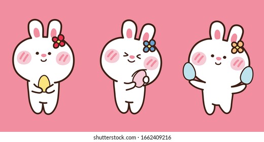 Happy easter day. Cute rabbit hold small eggs. Doodle cartoon design character. pink background. Vector 