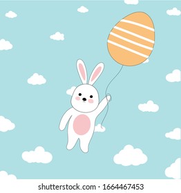 Happy Easter Day. Cute rabbit and Easter egg. rabbit on blue sky background.cute white rabbit  holding balloon on sky.