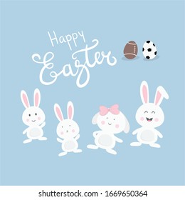 Happy Easter Day with cute rabbit  painted sport eggs. Festival, traditional in Spring season. For poster, card, wallpaper, print, website, children, egg hunting. Pastel - Vector