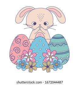 happy easter day, cute rabbit delicate eggs flowers vector illustration
