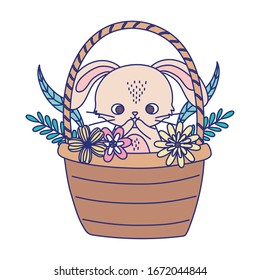 happy easter day, cute rabbit in basket flowers foliage nature vector illustration