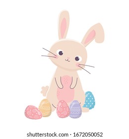 feliz día de Pascua, bonito conejo delicado huevos decoración caricatura ilustración vectorial