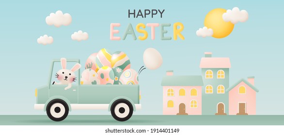 Happy easter day with cute rabbit driving a car and lot of easter eggs in pastel color 3d paper art style vector illustration