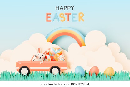 Feliz día de Pascua con un conejo lindo conduciendo un coche y muchos huevos de Pascua en colores pastel 3d estilo de arte vectorial