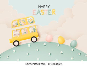 Happy easter day with cute rabbit driving a bus and lot of easter eggs in pastel color 3d paper art style vector illustration