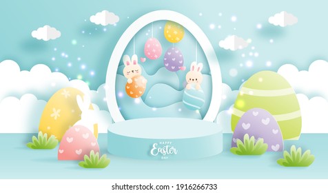 Happy Easter day with cute rabbit and round podium, Easter product display. Vector illustration. 