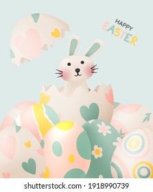 Happy easter day with cute rabbit in pastel color 3d paper art style and lot of easter eggs vector illustration