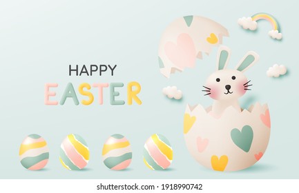 Happy easter day with cute rabbit in pastel color 3d paper art style and lot of easter eggs vector illustration