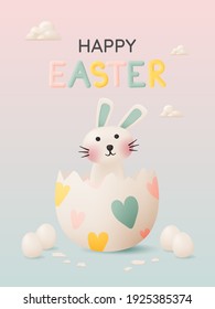 Happy Easter Day With Cute Rabbit In Pastel Color 3d Paper Art Style And Lot Of Easter Eggs Vector Illustration