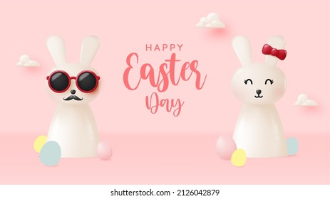 Happy easter day with cute rabbit in pastel color 3d realistic art style and lot of easter eggs vector illustration