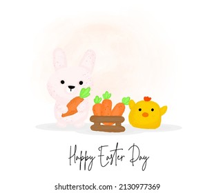 Happy easter day with cute rabbit and chick in cartoon style