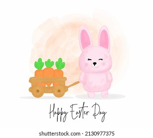 Happy easter day with cute rabbit carrying many carrot using cart cartoon character