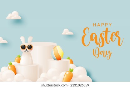 Happy easter day with cute rabbit in pastel color 3d realistic art style and lot of easter eggs vector illustration