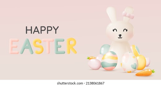 Happy easter day with cute rabbit in pastel color 3d realistic art style and lot of easter eggs vector illustration