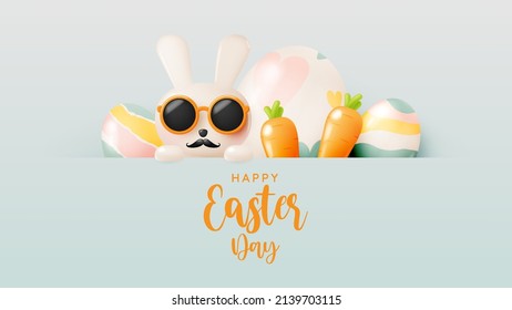 Happy easter day with cute rabbit in pastel color 3d realistic art style and lot of easter eggs vector illustration
