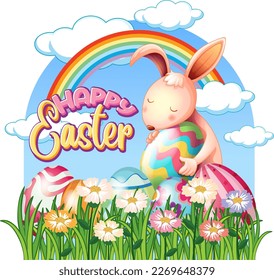 Happy Easter Day with Cute Rabbit in a Grassy Field illustration