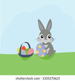 happy easter day with cute rabbits with eggs