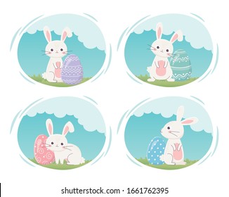 feliz día de Pascua, lindos conejos con huevos pintados en la ilustración vectorial de la hierba