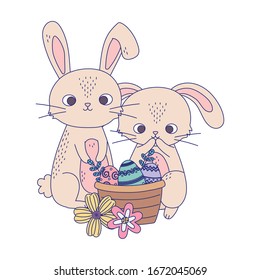 happy easter day, cute rabbits eggs in basket flowers nature vector illustration