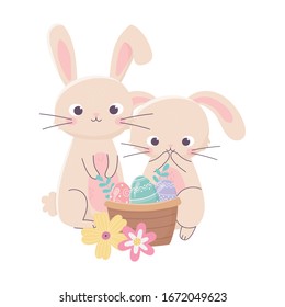 happy easter day, cute rabbits eggs in basket flowers nature vector illustration
