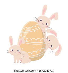 happy easter day, cute rabbits with painted egg decoration vector illustration