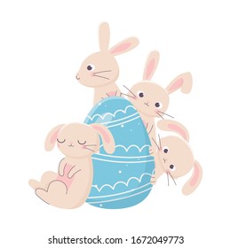 happy easter day, cute rabbits with blue egg decoration vector illustration