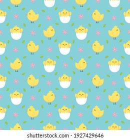happy easter day cute seamless pattern. chicken with flower isolated on blue background. vector Illustration.