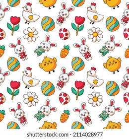Feliz Día de Pascua lindo patrón sin costuras. conejito y zanahoria. conejos aislados de fondo blanco. Ilustración vectorial.