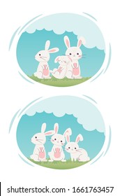 feliz día de Pascua, lindos conejos blancos en etiquetas de caricatura de césped ilustración vectorial