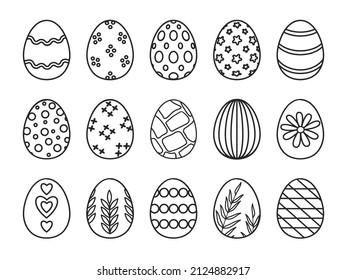 Happy Ostertag dekorierte Eier mit Muster Linien Symbole. Umrisses Ei mit Blume, Herzen und Punkten. Frühlingsferien dekorative Eier Vektorset. Blumen- und geometrische Ornamente zum Malen