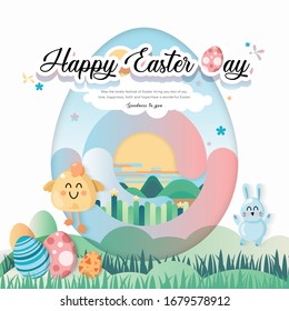 Happy Easter day with decorated eggs,cute bunny and greensward