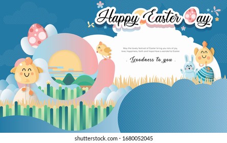 Happy Easter day with decorated eggs,cute bunny and greensward