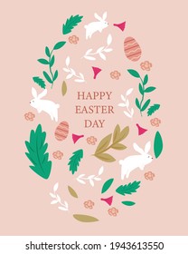 Happy easter day decoration illustration. Leaves, flowers, rabbits, eggs. Vector.