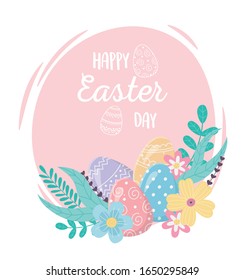 Happy Easter Day Decorative Eggs Flowers Floral Decoration Badge Vector Illustration